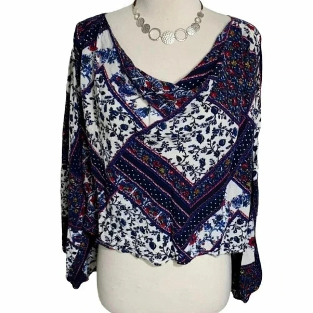 Boho Patchwork Print Cowl Neck Long Sleeve Cropped Blouse‎ Women's Size M